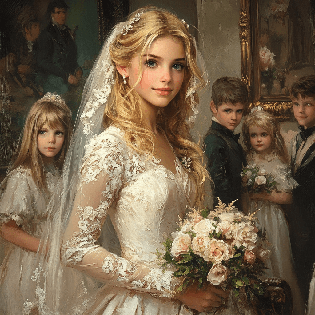 A young blonde bride at her wedding, created with Flower Architect.